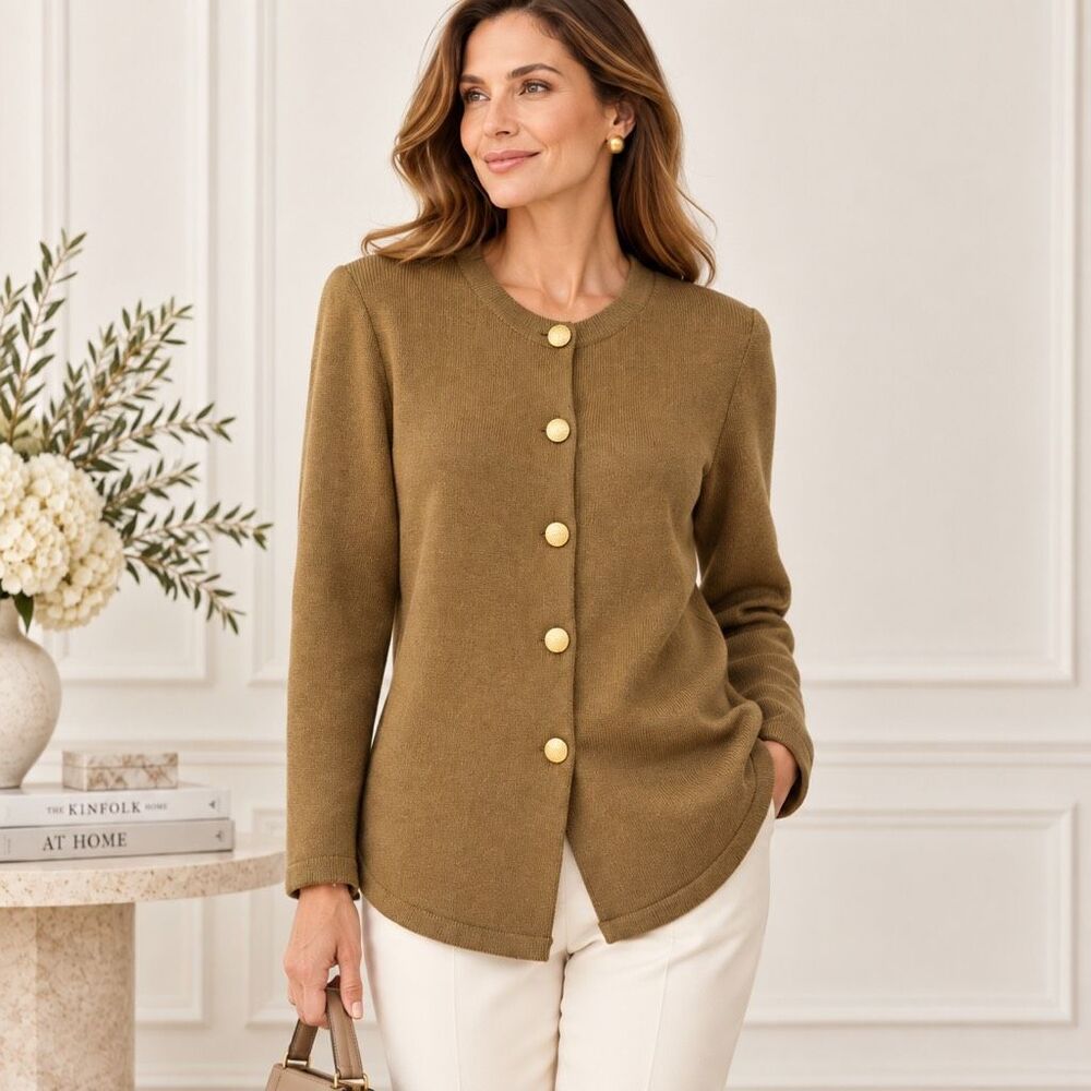 Vintage Cexhelli Womens Olive Green Knit Gold Button Cardigan Sweater Small